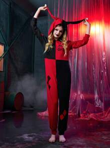 Harley Quinn | ROMWE Letter Graphic Two Tone Hooded Sleep Jumpsuit - Multicolor - View 1