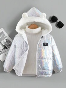 Young Boy Holographic Letter Patched Detail 3D Ear Design Hooded Zipper Thermal Lined Padded Coat Without Sweater - Silver - View 1