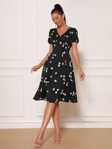 Modphy 花卉印花泡泡袖连衣裙