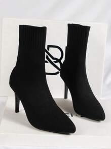 Women's Fashionable Simple & Elegant Knitted Pointed Toe High Heeled Stretch Boots - Black - View 1