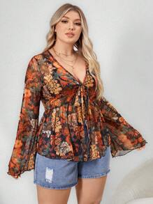 SHEIN VCAY Plus Floral Print Knot Front Flare Sleeve Peplum Tee - Black - View 4