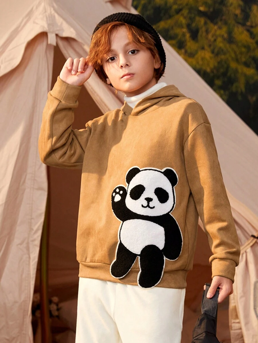 SHEIN Tween Boy Panda Patched Drop Shoulder Hoodie - Khaki - View 1