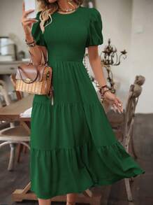 Breezaya 纯色泡泡袖荷叶边下摆长裙度假海滩装女装 - 墨綠色 - 查看 3