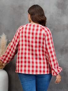 SHEIN LUNE 大碼格紋印花燈籠袖襯衫 - 酒紅色 - 查看 2