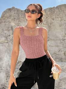 SHEIN EZwear Solid Ribbed Knit Bodysuit - Dusty Pink - View 2