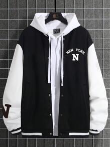 Manfinity Homme Men Plus Letter Graphic Two Tone Varsity Jacket Without Hoodie - Multicolor - View 1