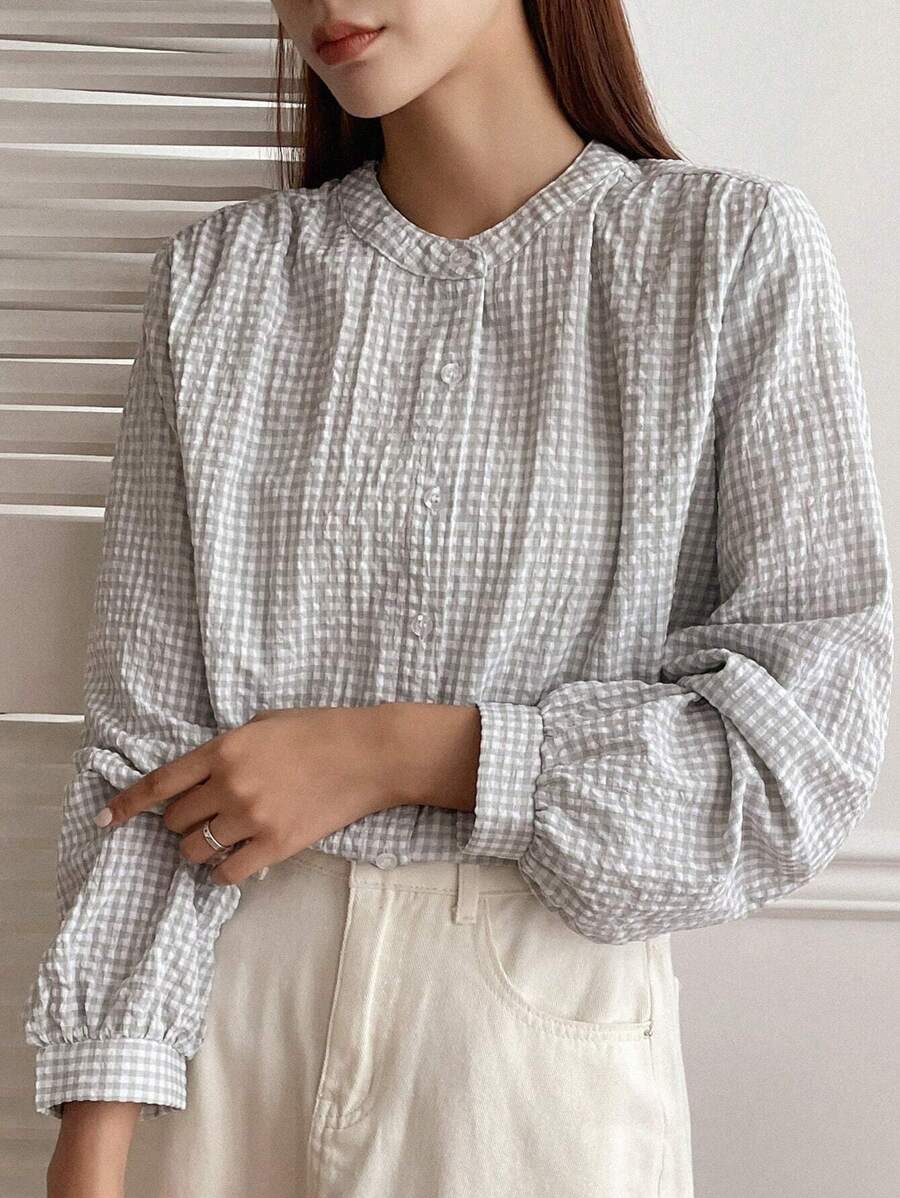 DAZY Plaid Print Button Front Shirt,Long Sleeve Tops - Green - View 1