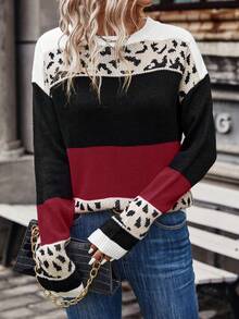 SHEIN LUNE Hoa văn Báo Khối màu Thả vai Áo len - Màu Đỏ Sâu - Xem 7