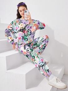 Teen Girl Graffiti Print Pullover & Sweatpants - Mauve Purple - View 1