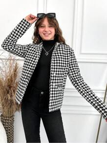 RueChic Tween Girl Houndstooth Print Single Breasted Coat - Black and White - View 1