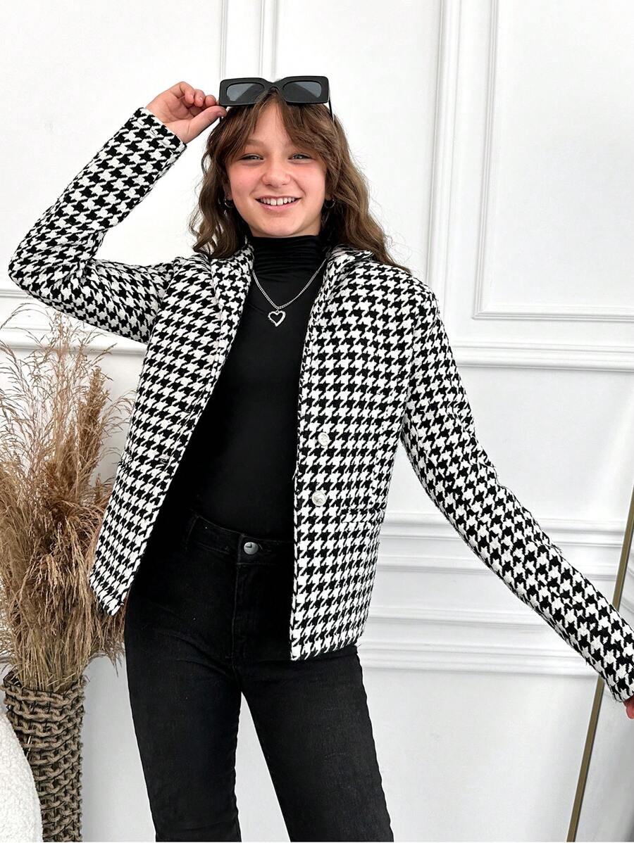 RueChic Tween Girl Houndstooth Print Single Breasted Coat - Black and White - View 1