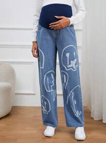 SHEIN 孕婦表情圖案可調節腰圍闊腿牛仔褲 - 中等水洗藍 - 查看 1