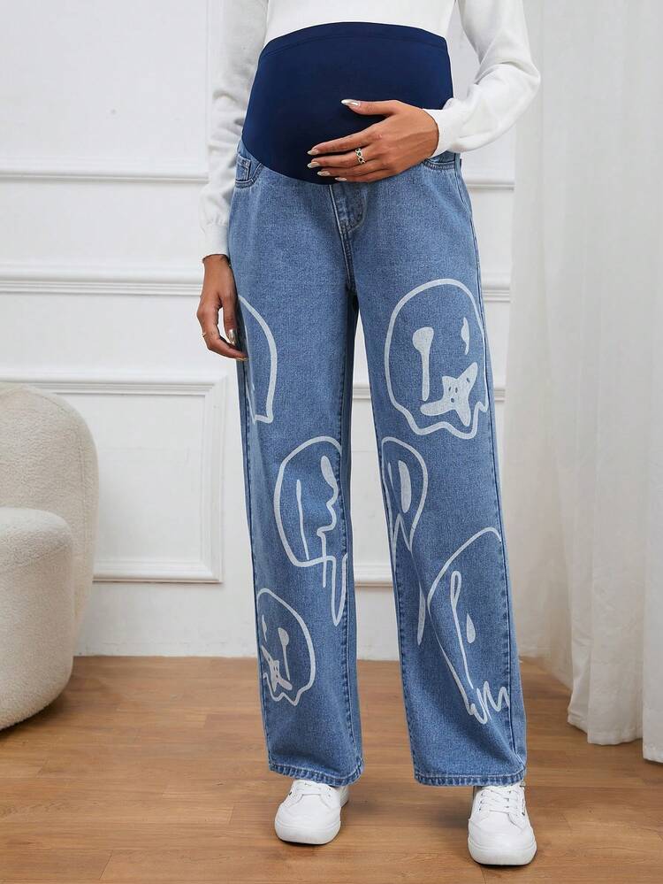 Maternity Expression Print Adjustable Waist Wide Leg Jeans