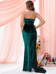 LOVE&LEMONADE Contrast Sequin Draped Side Split Thigh Tube Prom Dress - Green - View 2