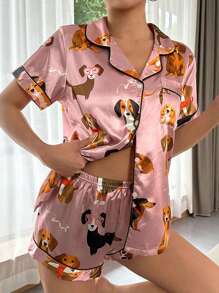 Conjunto de pijama / pijama de satén con gráficos de dibujos animados y ribete de contraste - Rosa vieja - Ver 1