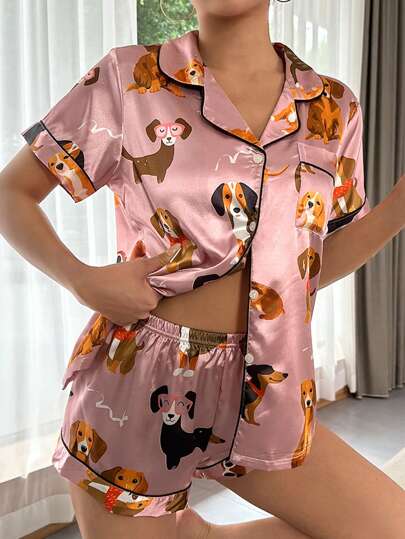 Conjunto de pijama / pijama de satén con gráficos de dibujos animados y ribete de contraste