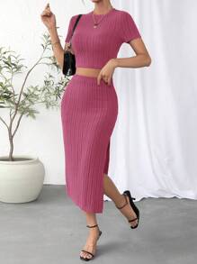 SHEIN Essnce Solid Crop Tee & Split Thigh Skirt - Hot Pink - View 1