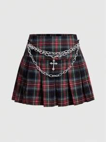 ROMWE Grunge Punk 带吊饰的格子百褶裙，学校 - 彩色 - 查看 1
