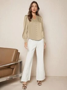 BizChic Solid Button Front Lantern Sleeve Satin Top - Apricot - View 5