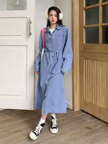 DAZY Solid Button Through Belted Denim Dress,Fall Clothes - Blue - View 4