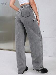 Ripped Straight Leg Jeans - Dark Grey - View 2