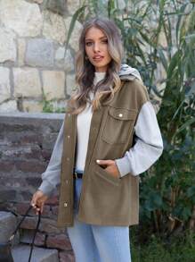 SHEIN LUNE Two Tone Flap Pocket Drop Shoulder Hooded Coat