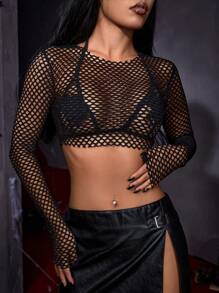 SHEIN ICON Halloween Hollow Out Fishnet Crop Top Without Bra - Black - View 1