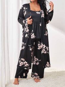 花卉印花系带睡袍、吊带背心和裤子睡衣套装/睡衣套装，秋冬服装