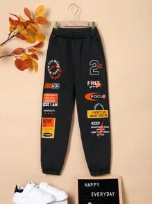 SHEIN Tween 男孩搭配服裝學院風格針織字母圖案慢跑褲 - 黑色 - 查看 3