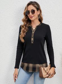EMERY ROSE Plaid Print Half Button Tee - Khaki - View 4