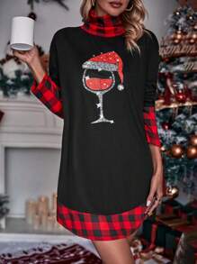 SHEIN LUNE Christmas Print High Neck Tee Dress - Black - View 1