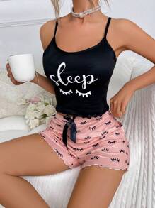 2sets Cartoon Graphic Lettuce Trim Cami Top & Shorts PJ Set / Pajama Set - Multicolor - View 3