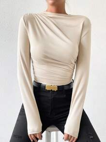 VaVaBold Solid Ruched Slim Fit Tee Bodysuit Fall Cloth For Women - Apricot - View 8