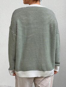 Flirla 大碼條紋圖案落肩袖套頭毛衣 - 紫紅色 - 查看 2