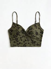 Soleia Floral Print Twist Front Cami Top - Olive Green - View 3