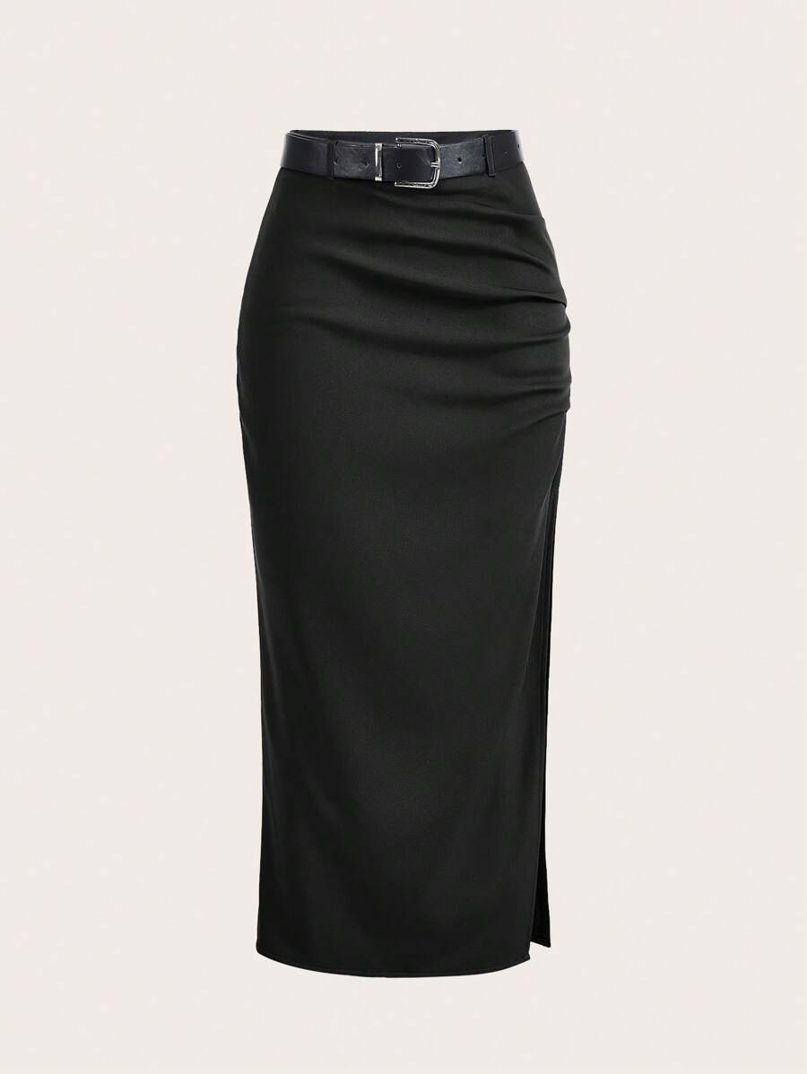 SHEIN EZwear Falda larga con abertura en el muslo, cinturón y fruncido, elegante para dama, de talle bajo, de ajuste regular, color negro liso, para primavera/otoño, atuendo profesional/de oficina - Negro - Ver 1