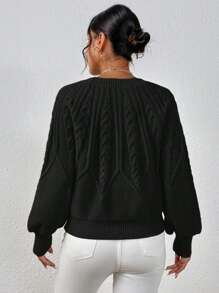 EMERY ROSE Cable Knit Raglan Lantern Sleeve Sweater,Long Sleeve Tops Knit Pullover Fall Winter Sweater - Black - View 2