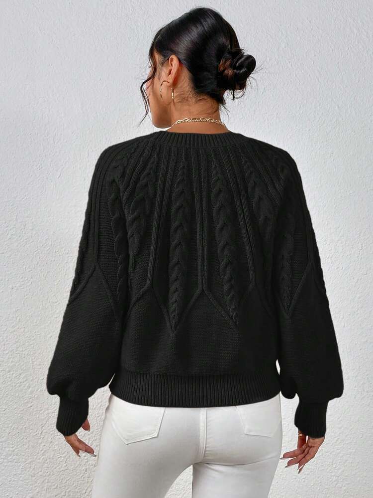 Cable Knit Raglan Lantern Sleeve Sweater,Long Sleeve Tops Knit Pullover Fall Winter Sweater