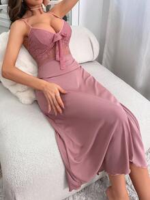 Contrast Lace Knot Front Cami Nightdress - Pink - View 5