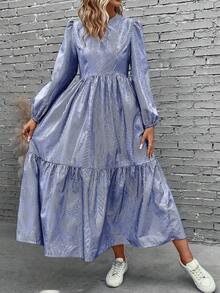 EMERY ROSE 格子圖案燈籠袖荷葉邊洋裝 - 藍白色 - 查看 3