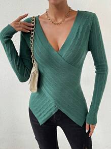 SHEIN Privé Solid Criss Cross Wrap Sweater - Dark Green - View 6