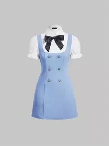 SHEIN MOD Bow Front Double Breasted Overall Dress Without Blouse - Baby Blue - View 1