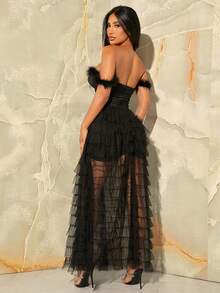 SHEIN SXY 一字肩毛茸邊網紗覆蓋洋裝 - 黑色 - 查看 2