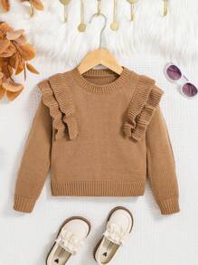 Young Girls Ruffle Trim Sweater - Camel - View 1