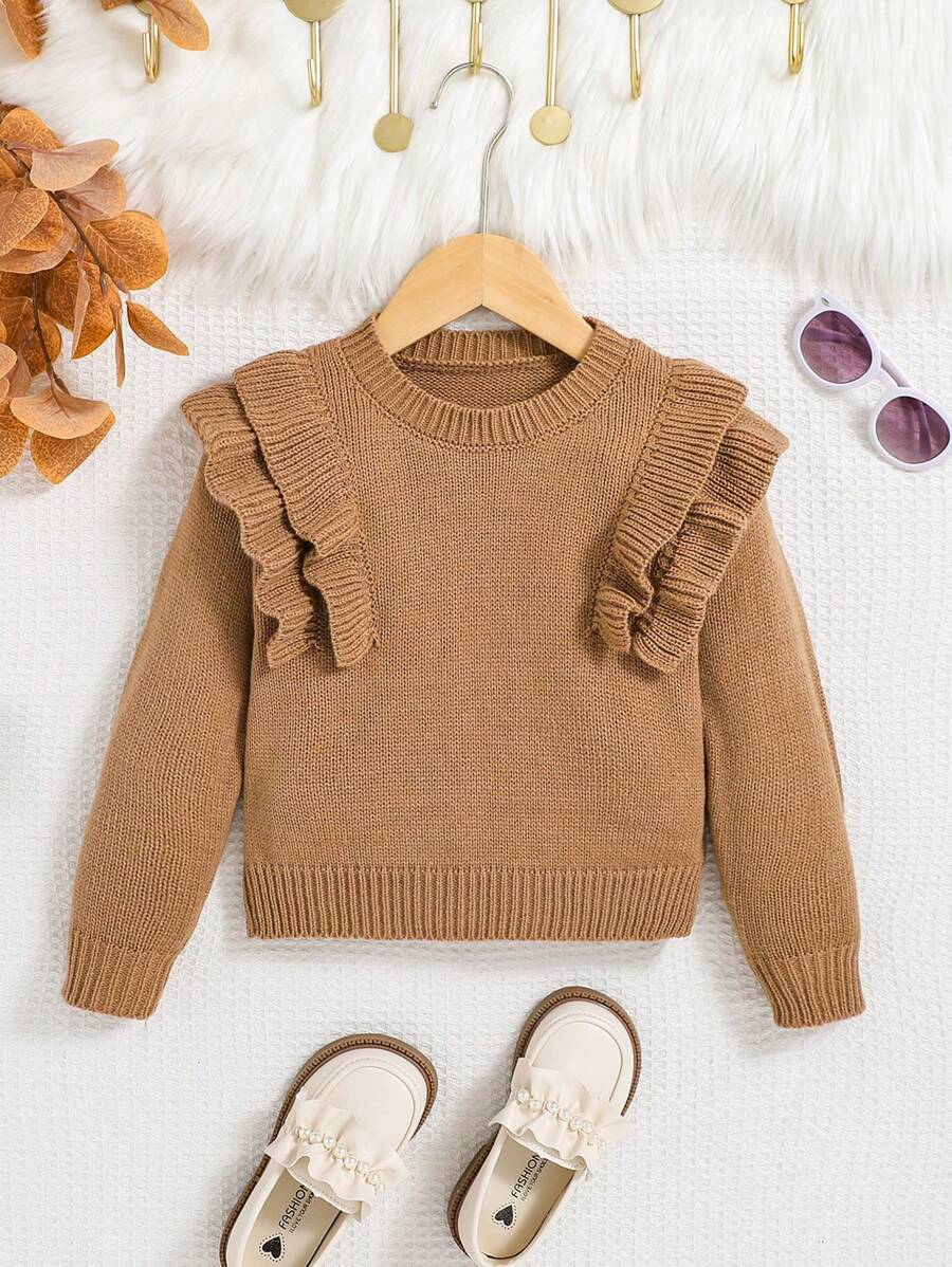 Young Girls Ruffle Trim Sweater - Camel - View 1