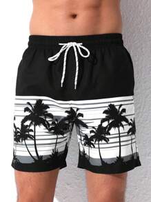 Manfinity KASUA 男士热带图案印花抽绳腰短裤泳池短裤，适合海滩、度假 - 彩色 - 查看 6