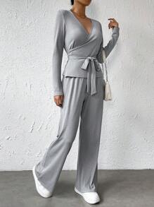 SHEIN Essnce 素色腰帶T恤&闊腿褲 - 灰色 - 查看 5
