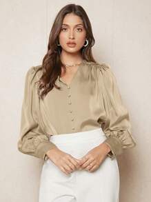 BizChic Solid Button Front Lantern Sleeve Satin Top - Apricot - View 1