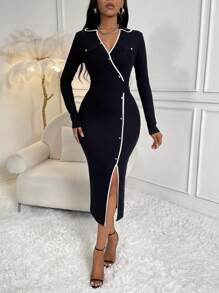 Lyxana 撞色系带纽扣前身紧身连衣裙长款女装 - 黑色 - 查看 1