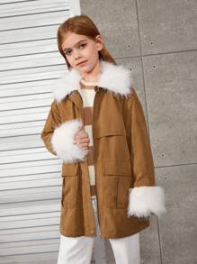 SHEIN Cô gái Tween Túi có nắp 	
Fuzzy Vòng cổ Túi có nắp Thả vai áo - Màu Khaki - Xem 3